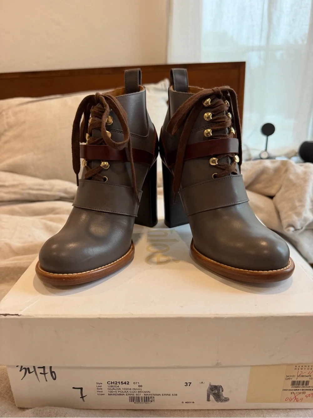 Chloe Gray Leather Lace-Up Ankle Booties with Brown Strap